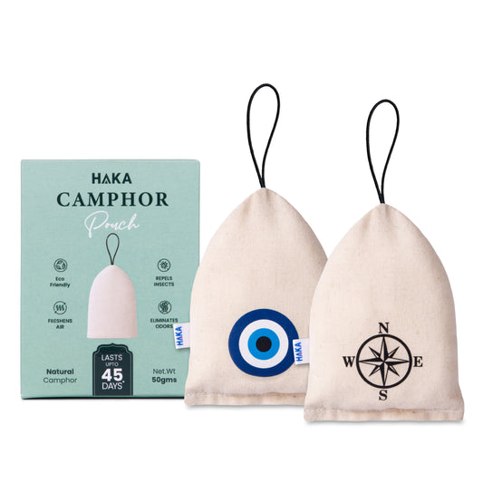 Haka Camphor Pouch –100% Pure Camphor | Multipurpose Natural Chemical Free Air Freshener for Car, Wardrobe, Bathroom & Room | Eco-Friendly Aroma Bag (Pack of 2)